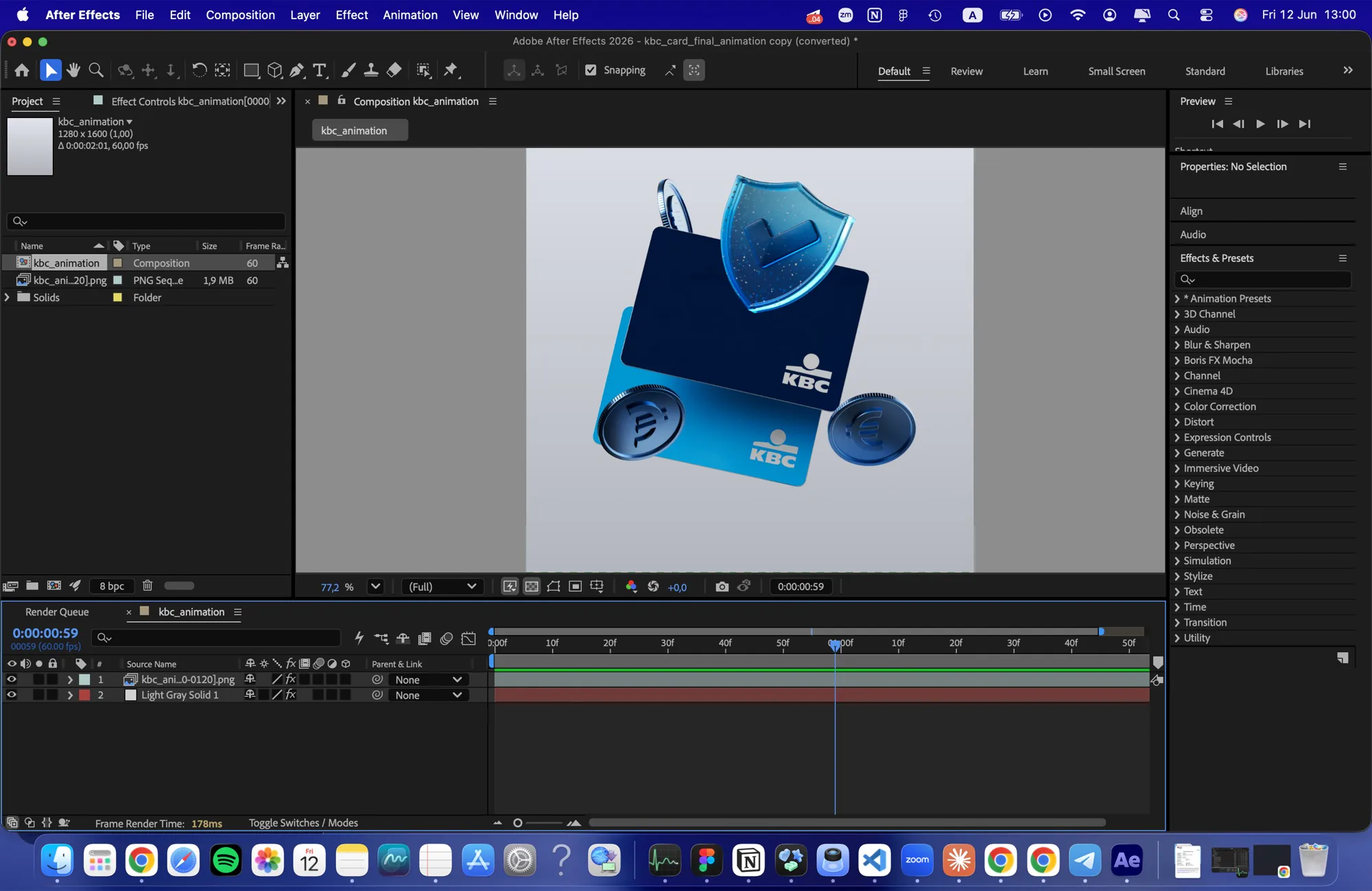 After Effects — the kbc_animation composition with the KBC bank card, coins and protection shield on a single timeline