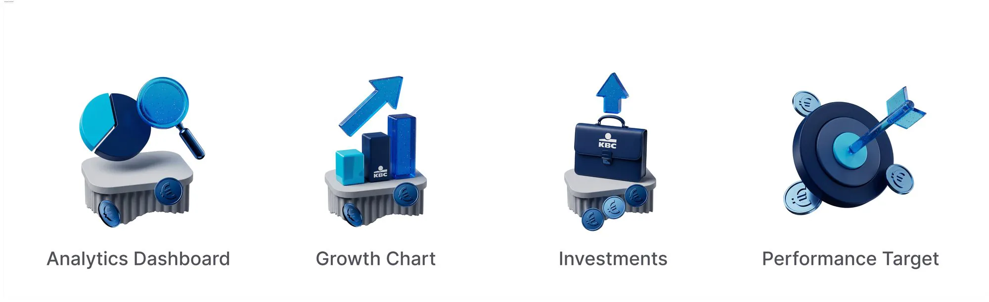 Analytics & Growth category — Analytics Dashboard, Growth Chart, Investments, Performance Target, Card Insights in translucent blue glass