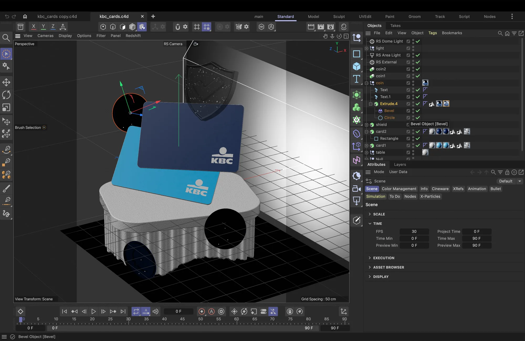Cinema 4D viewport — KBC bank cards and the protection shield modelled with the translucent-glass material under a soft studio lighting rig