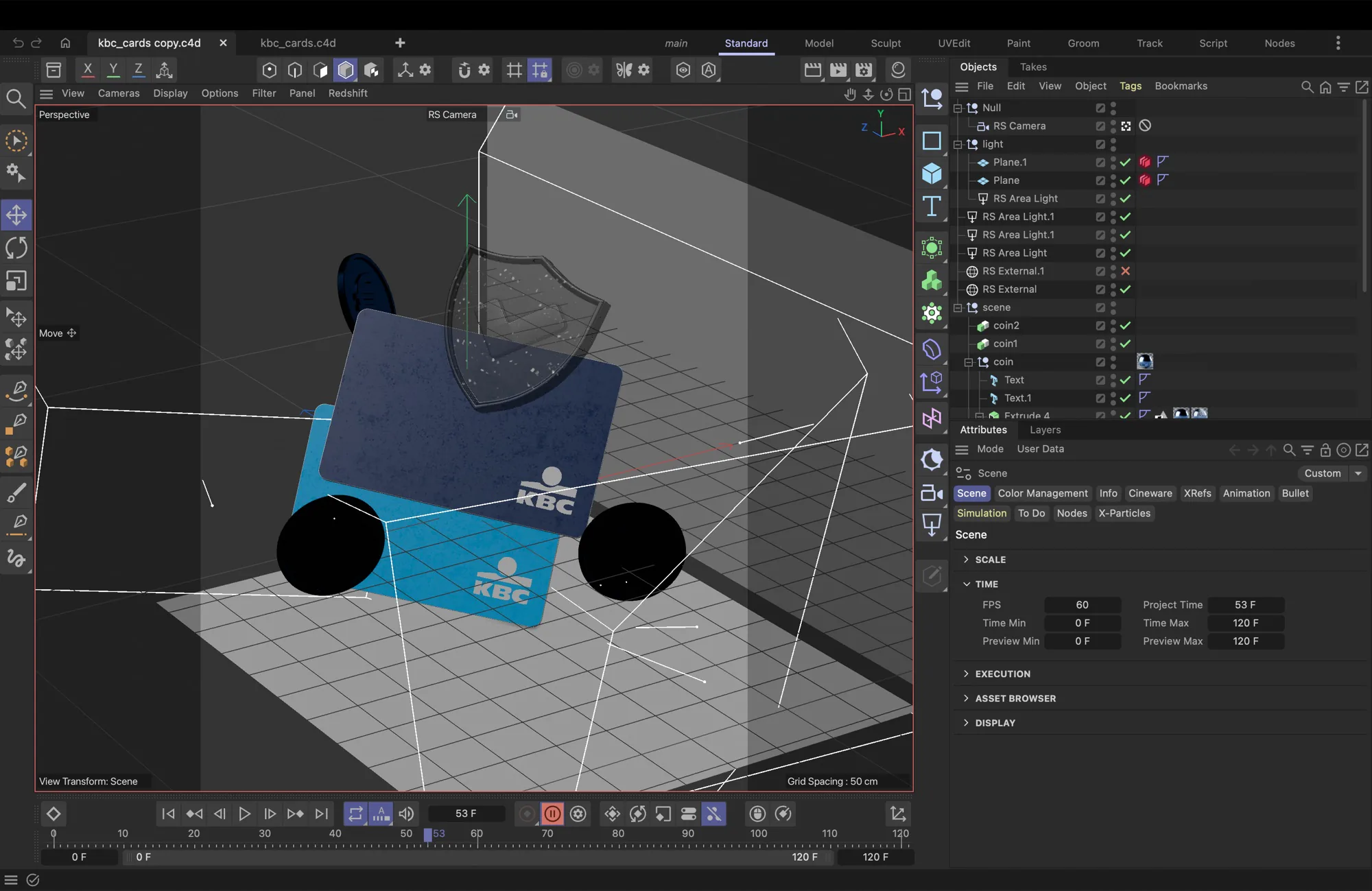 Cinema 4D viewport — a second camera angle on the card-and-shield scene while refining composition and light