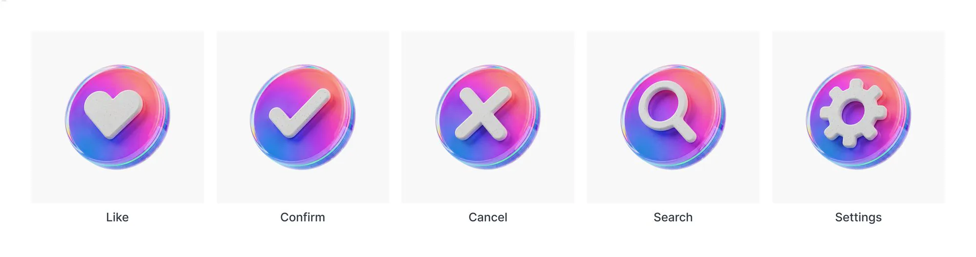 Actions & Reactions category — Like, Confirm, Cancel, Search, Settings as holographic round discs