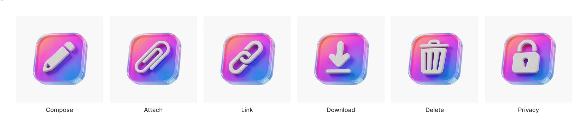 Compose & Manage category — Compose, Attach, Link, Download, Delete, Privacy as rounded square app-tiles