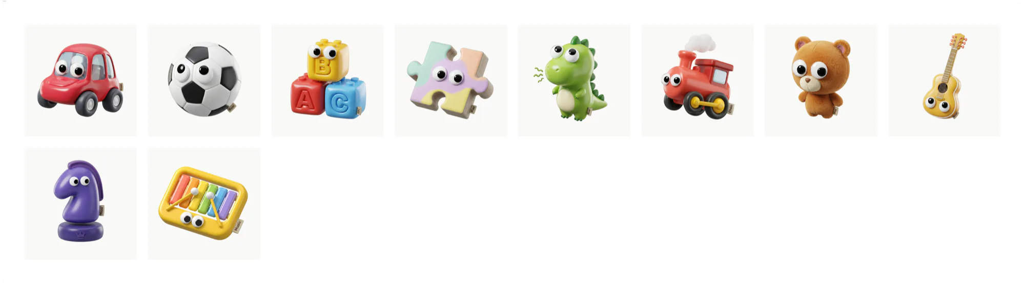 Colour and surface language: warm primaries, high-gloss inflated forms, toy-register lighting
