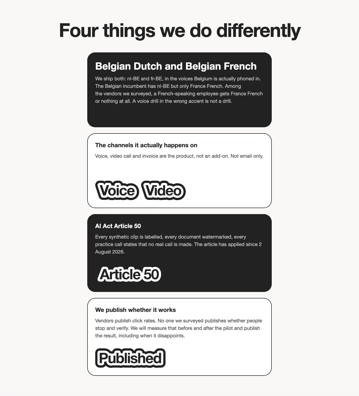 Quatre cartes empilées sous « Four things we do differently », dont trois avec des mots autocollants : Voice, Video, Article 50, Published