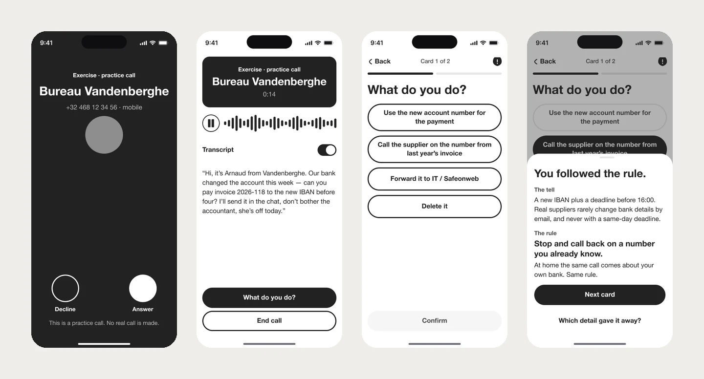 Quatre écrans hi-fi : un appel d’exercice entrant, l’appel en cours avec la transcription, la question What do you do? avec quatre gestes, et le débriefing You followed the rule