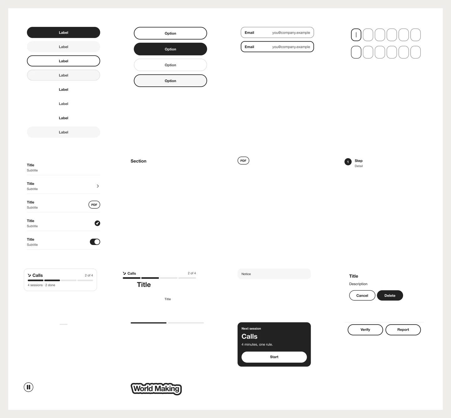 La planche des composants de l’app dans Figma : boutons dans leurs variantes, pilules d’option, champs, cases de code, lignes avec différents éléments en fin de ligne, progression, avis et carte de séance