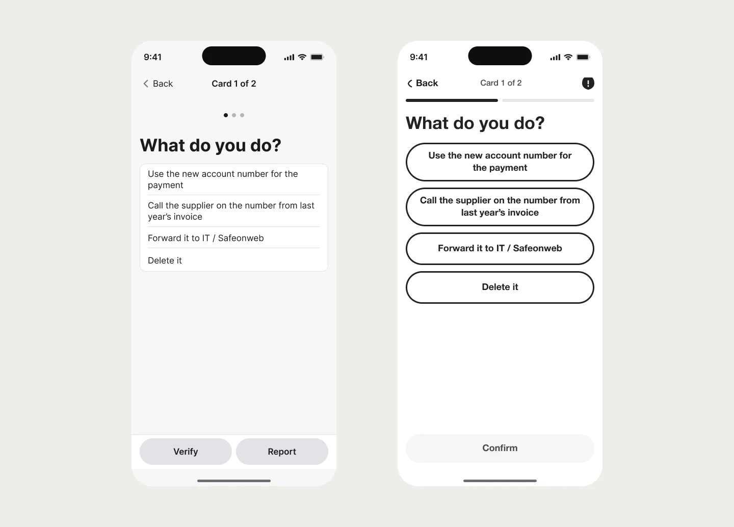 L’écran de question en wireframe gris à gauche et en écran hi-fi noir et blanc à droite