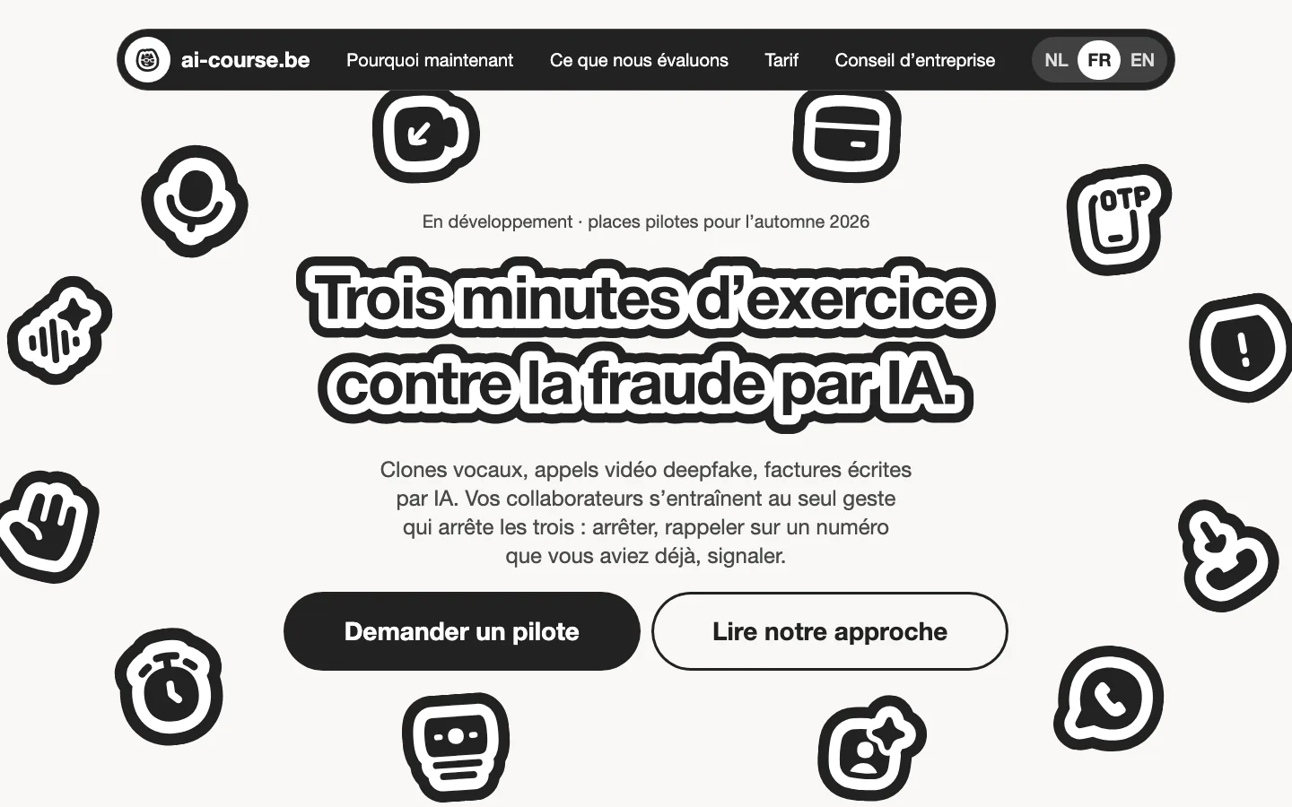 Le hero de la landing page en français : « Trois minutes d’exercice contre la fraude par IA. »