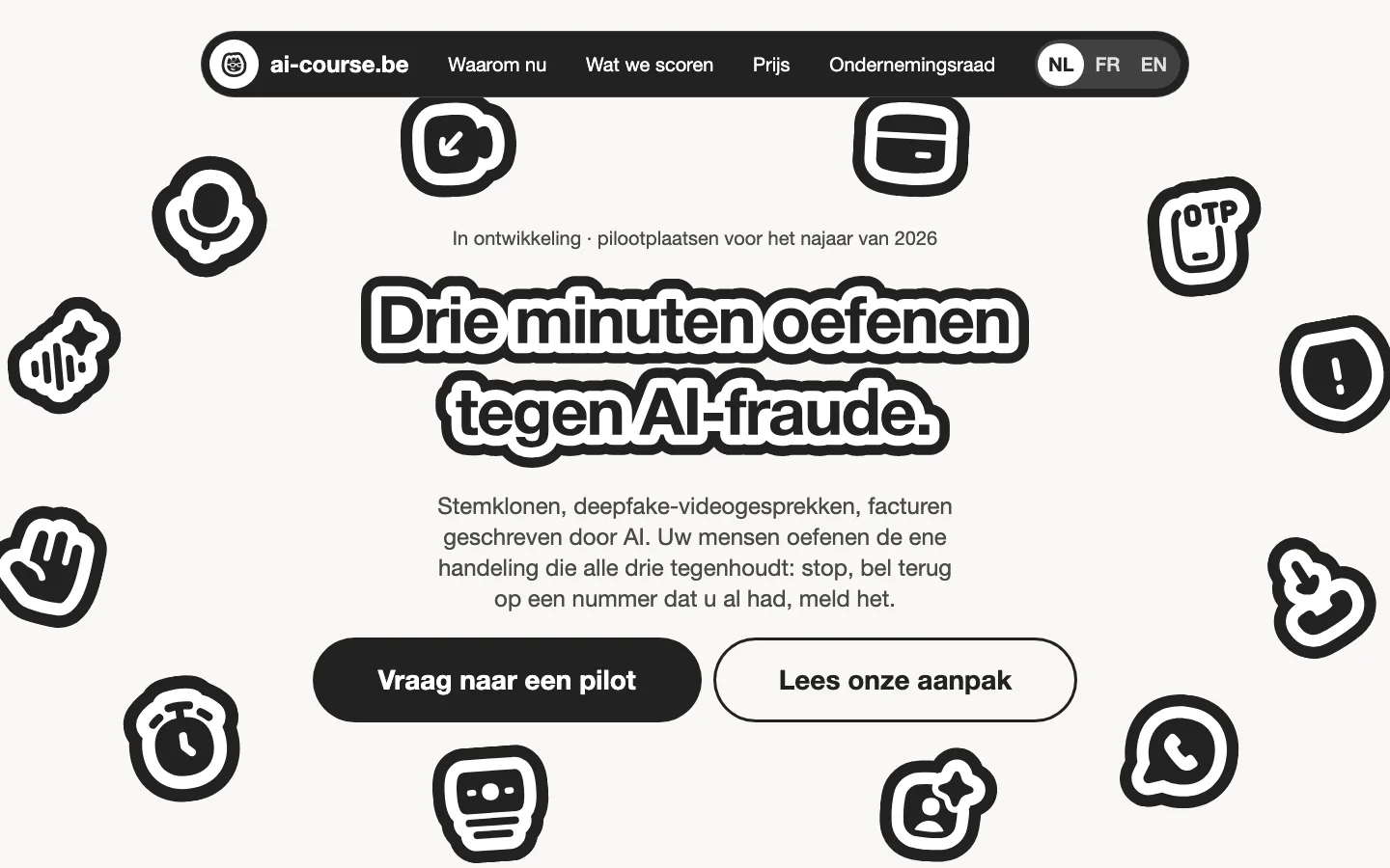 Le hero de la landing page en néerlandais : « Drie minuten oefenen tegen AI-fraude. »