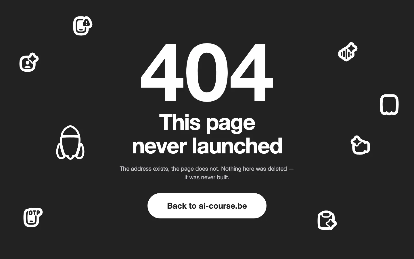 La page 404 : un grand 404, « This page never launched », une fusée et des icônes autocollantes de faux éparpillées