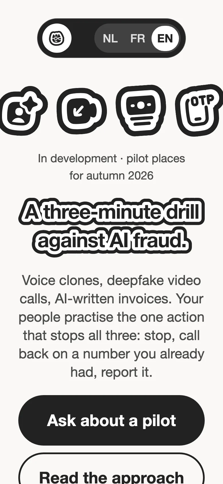 La landing page sur un téléphone : le titre en lettres autocollantes entre deux rangées d’icônes autocollantes