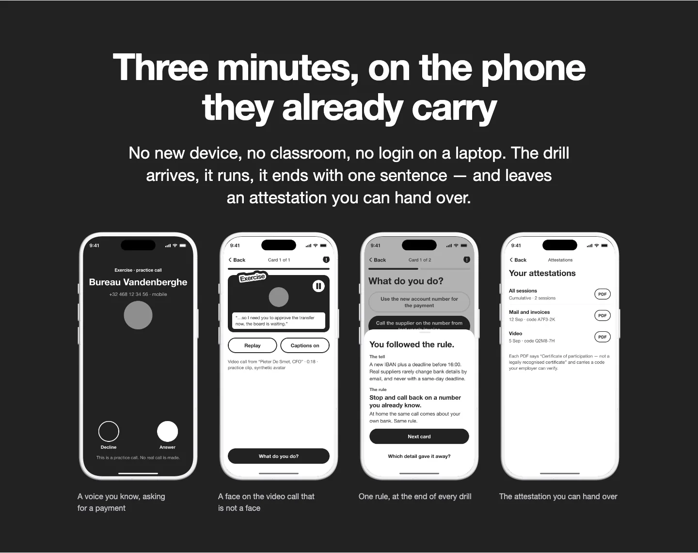 Section sombre de la landing page « Three minutes, on the phone they already carry » avec quatre écrans d’exercice dans des iPhone blancs