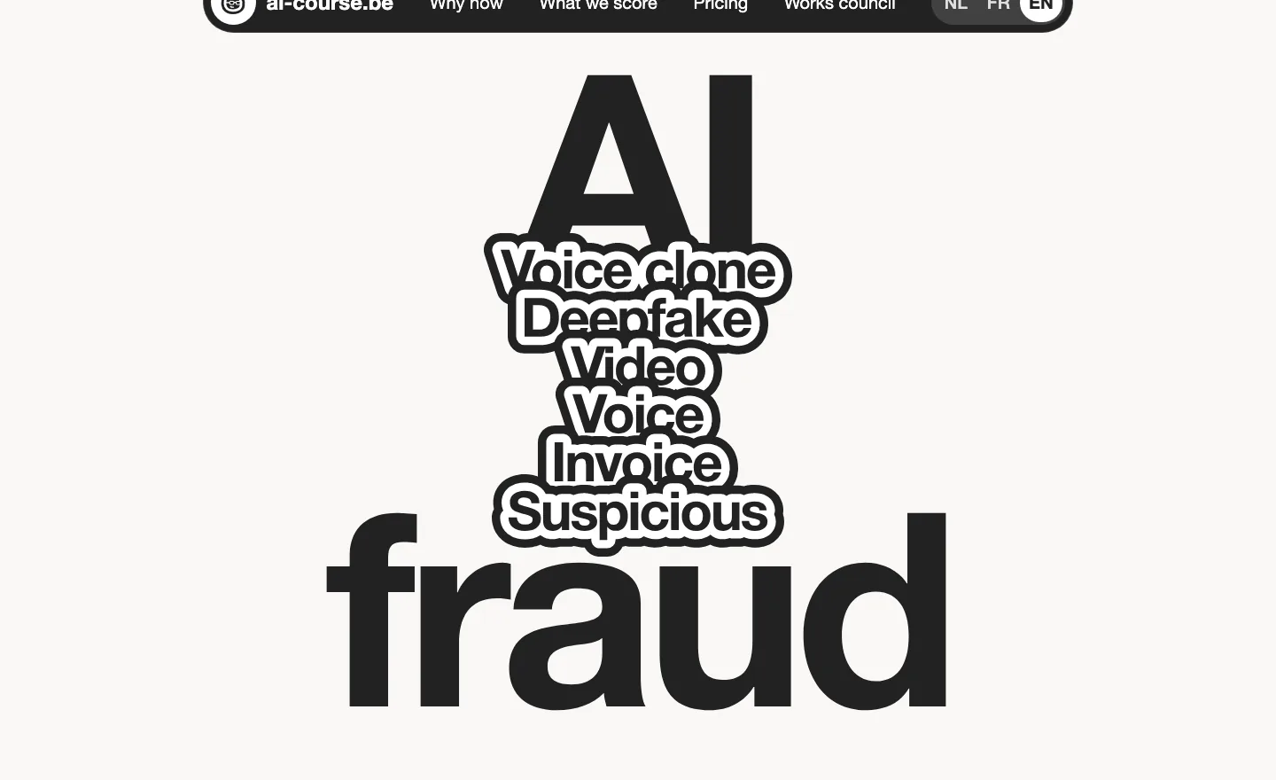 Une affiche avec les mots AI et fraud et six mots autocollants entre les deux : Voice clone, Deepfake, Video, Voice, Invoice, Suspicious