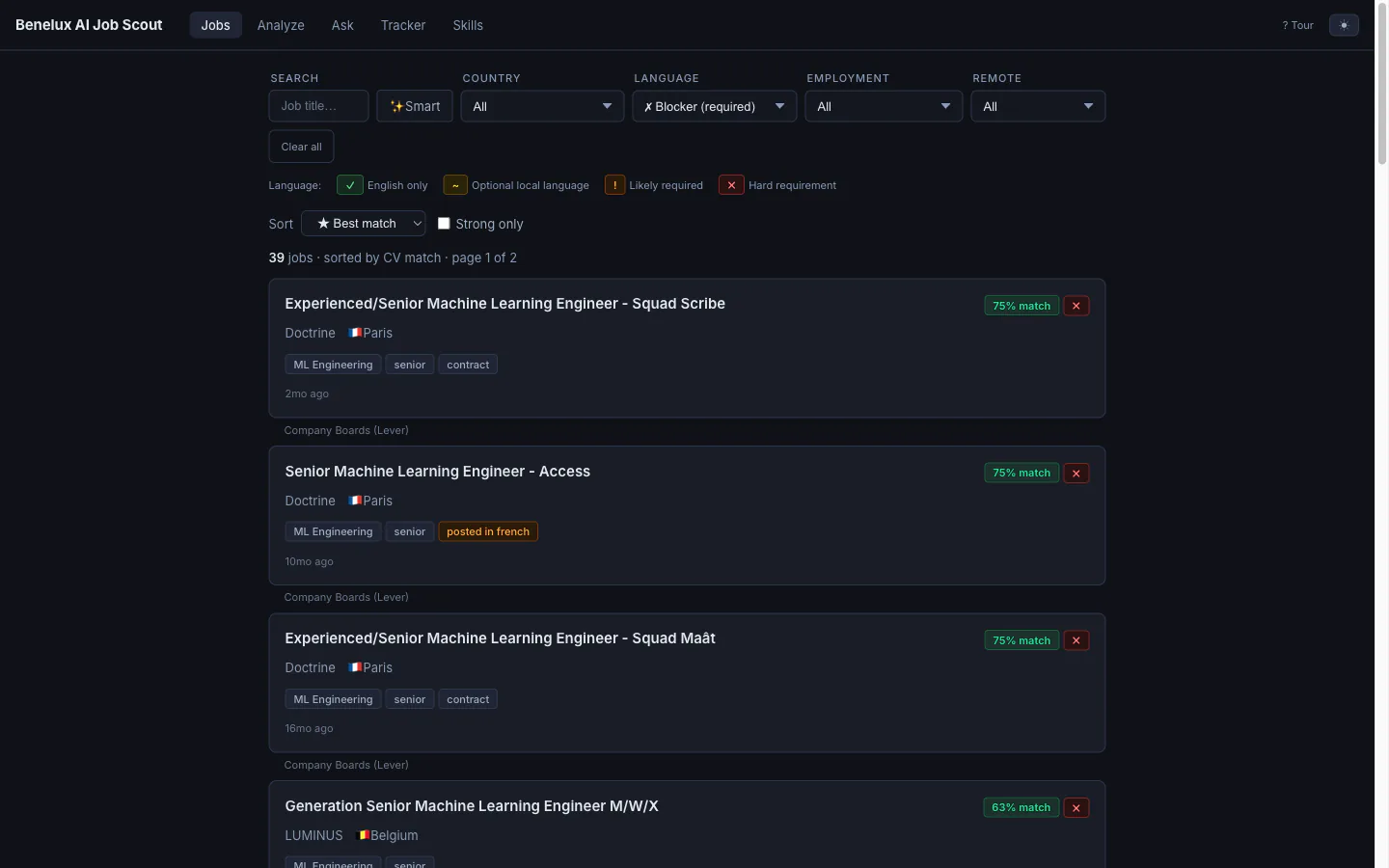 Job Feed filtered to language-blocked roles — French-required ML roles surface immediately with a red Blocker badge