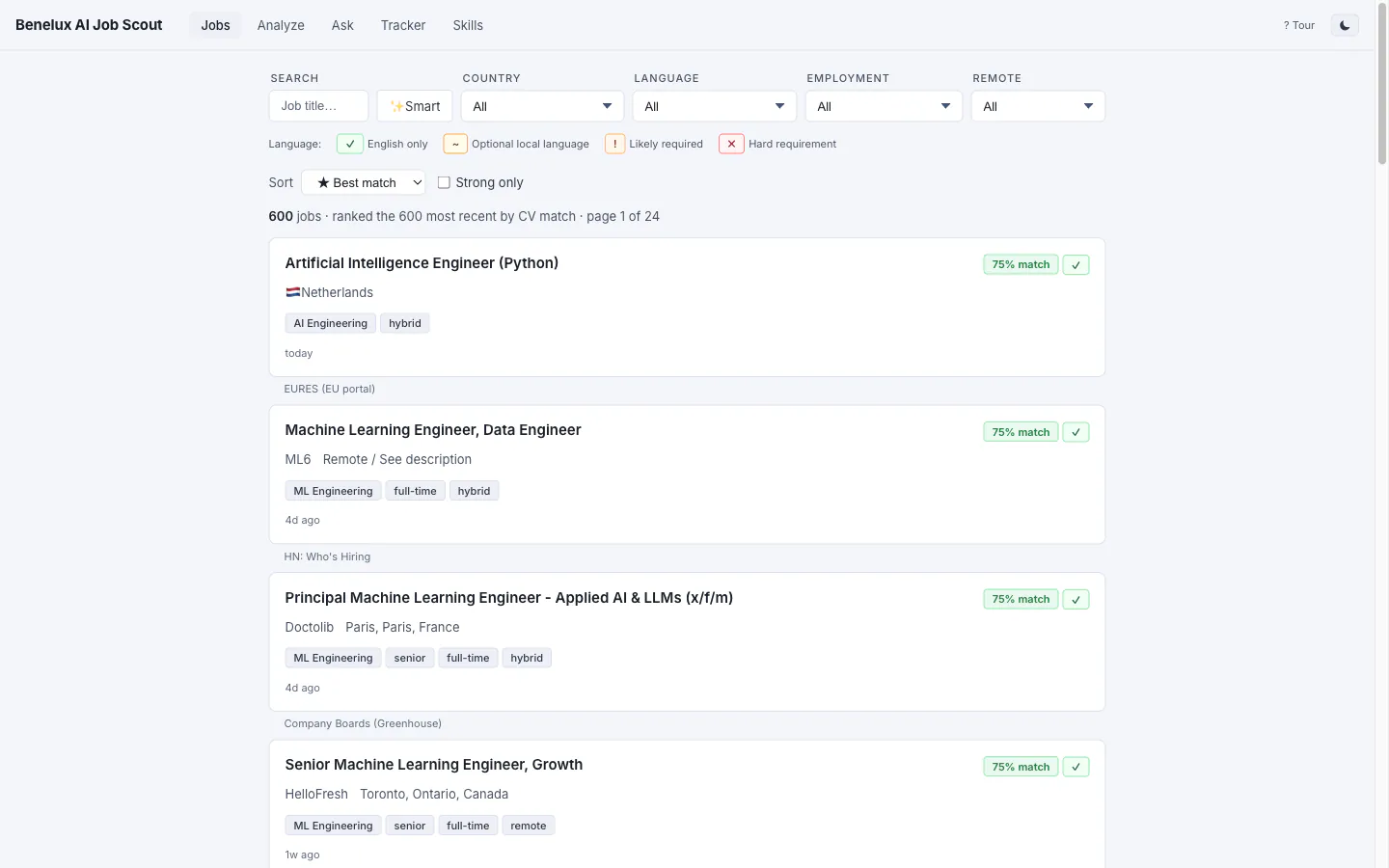 The same Job Feed in light theme — toggled from the sticky navbar