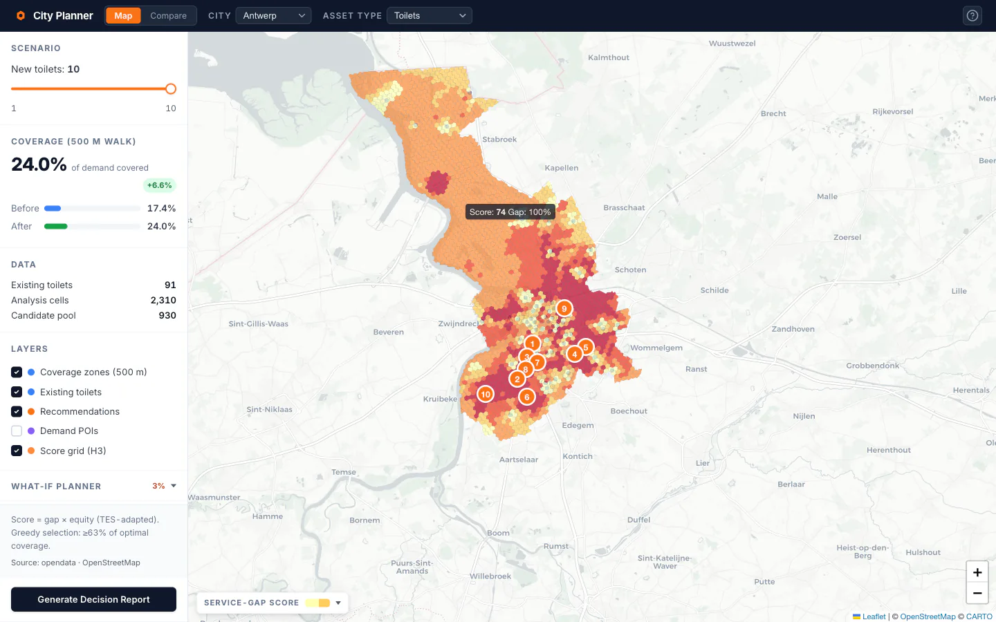 Antwerp map — sparse coverage circles over the city with ranked recommendation markers concentrated in high-need areas