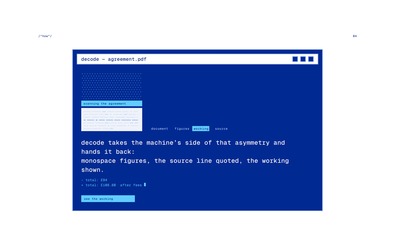 Une fenêtre de terminal qui décode agreement.pdf en passant par les étapes reading, figures, checking et source