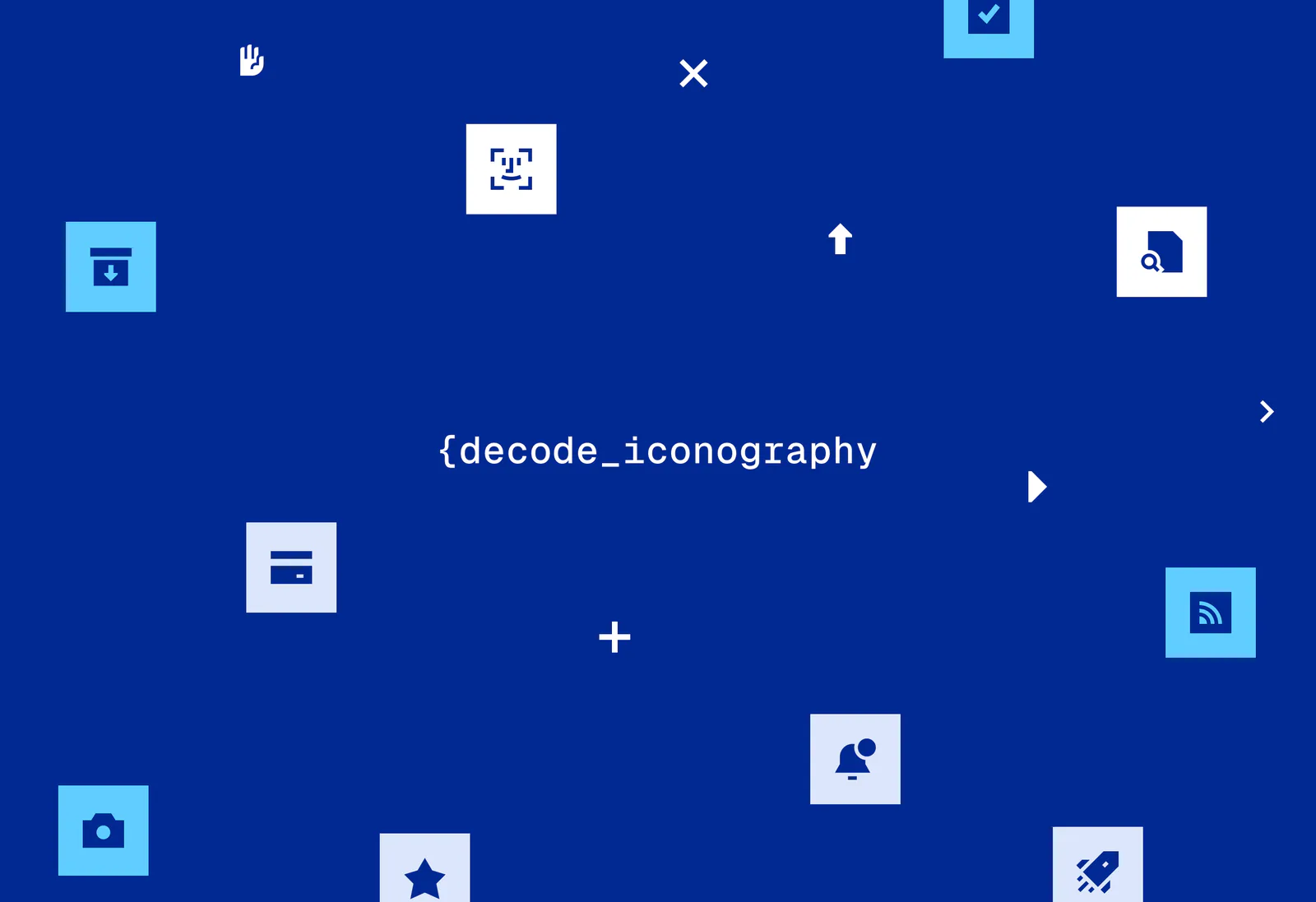 Jeu d’icônes sur fond bleu : appareil photo, document, cadenas, recherche, alerte et fusée dans des tuiles carrées à angles vifs