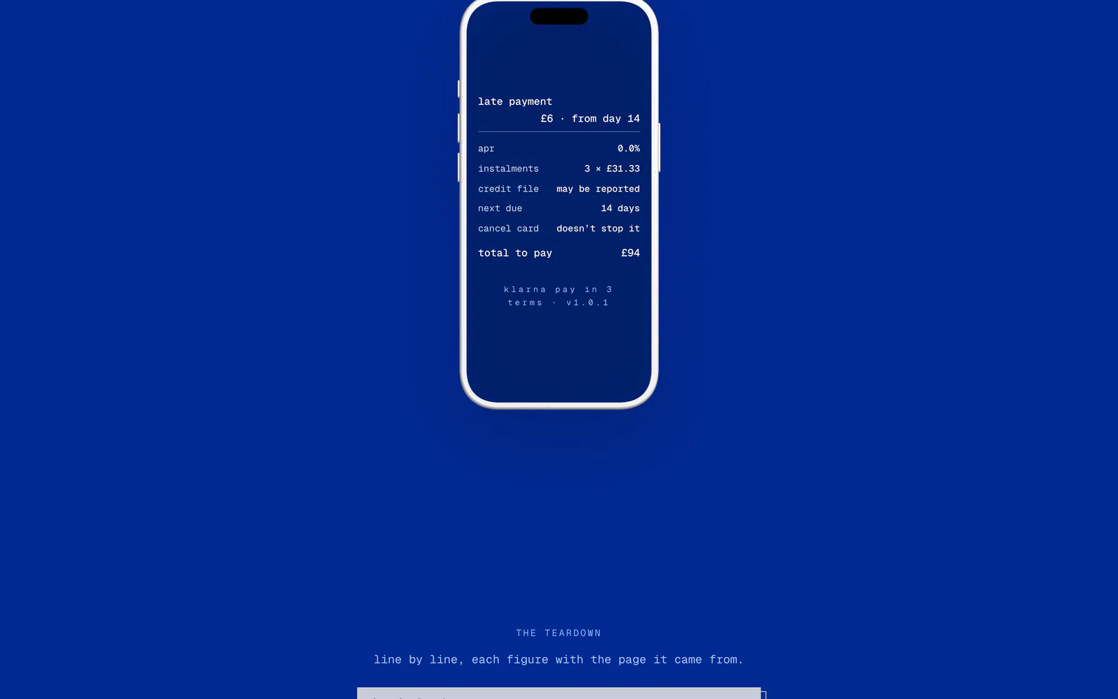 Un téléphone qui affiche le contrat décodé ligne par ligne : retard de paiement, TAEG, échéances, dossier de crédit, total à payer 94 £