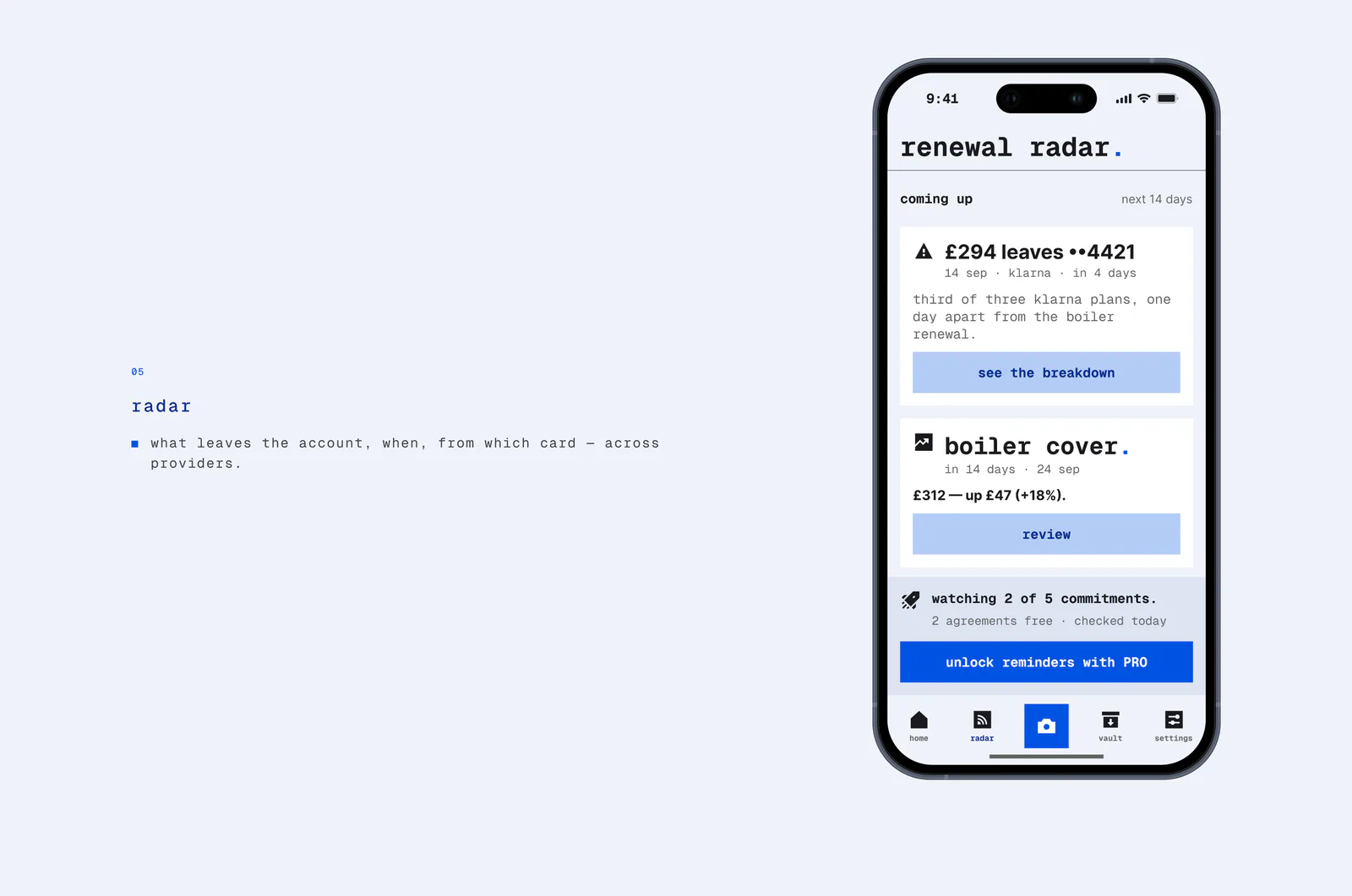 Renewal Radar : 294 £ quittent la carte 4421 le 14 septembre, le troisième de trois plans Klarna, à un jour du renouvellement du contrat de chaudière