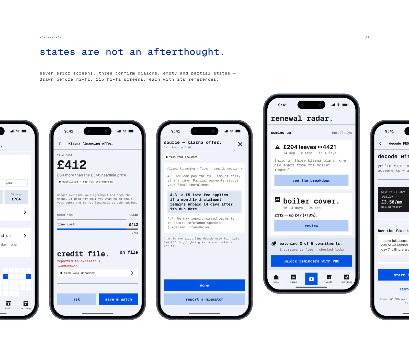 Écrans hi-fi sur fond bleu : l’offre Klarna avec un coût réel de 412 £, la ligne source surlignée, Renewal Radar et le paywall Pro