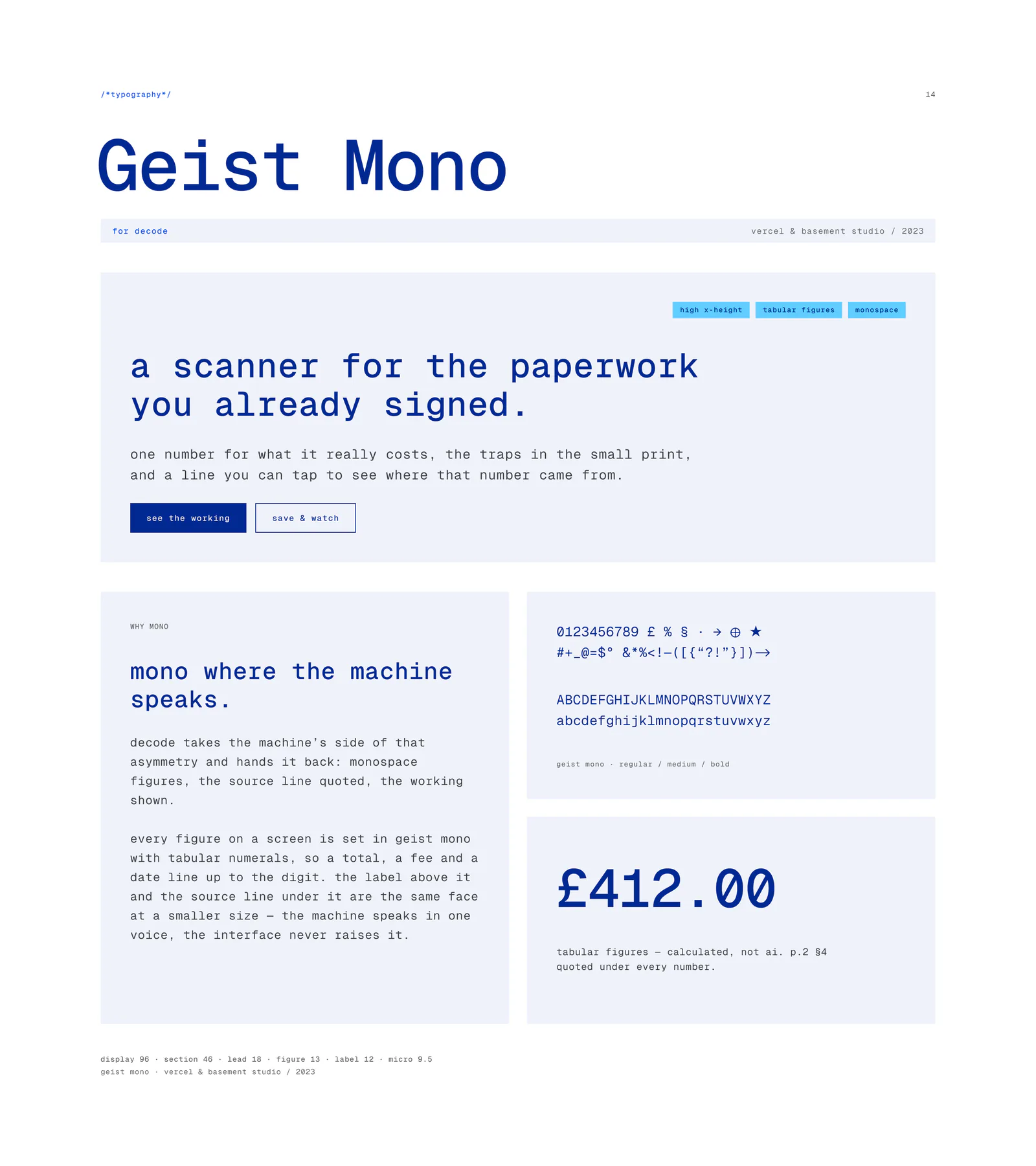 Spécimen typographique : Geist Mono, une ligne d’accroche, un paragraphe et £412.00 en chiffres tabulaires