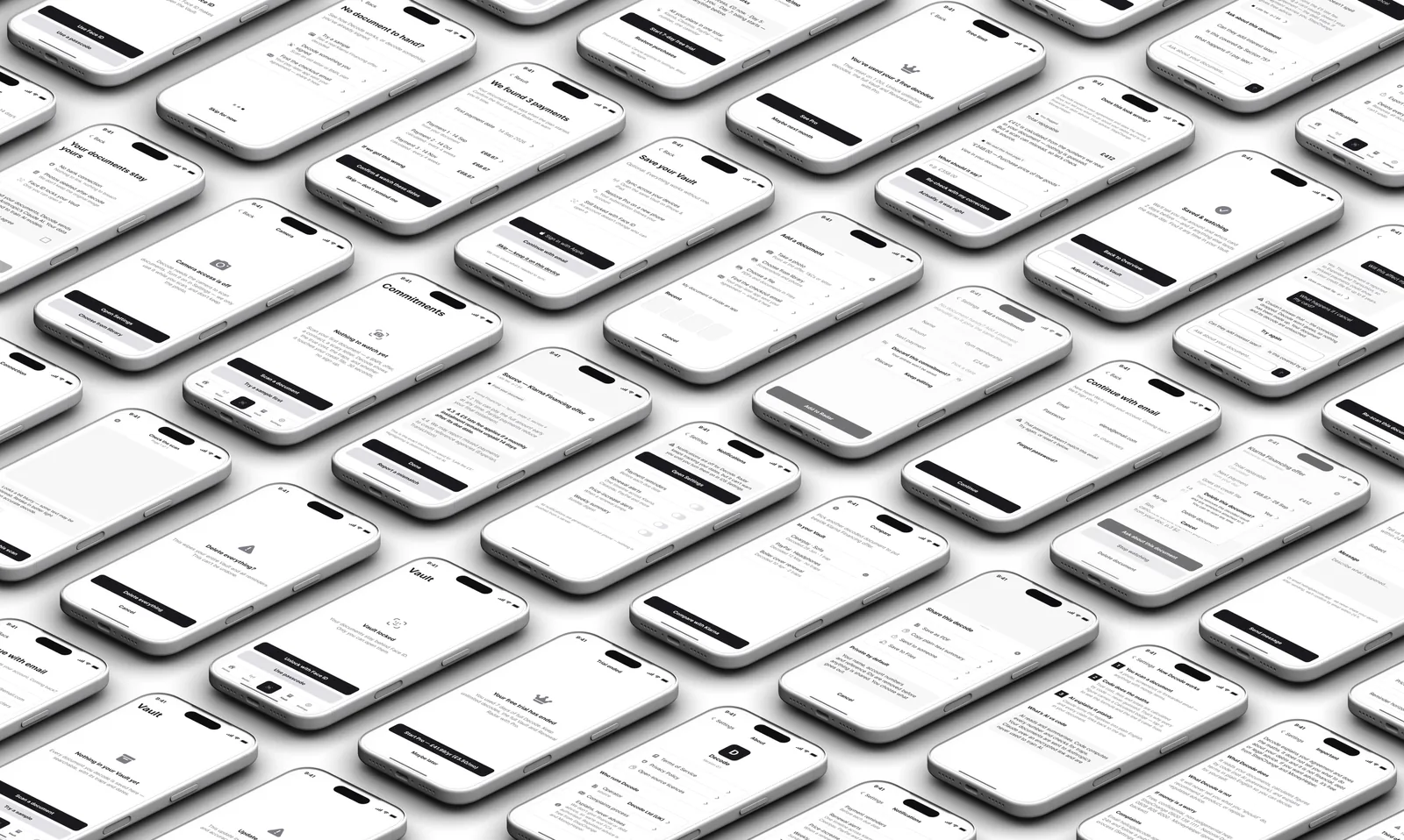 Un champ de téléphones blancs en rangées isométriques, chacun affichant un wireframe de Decode, rendu dans Cinema 4D