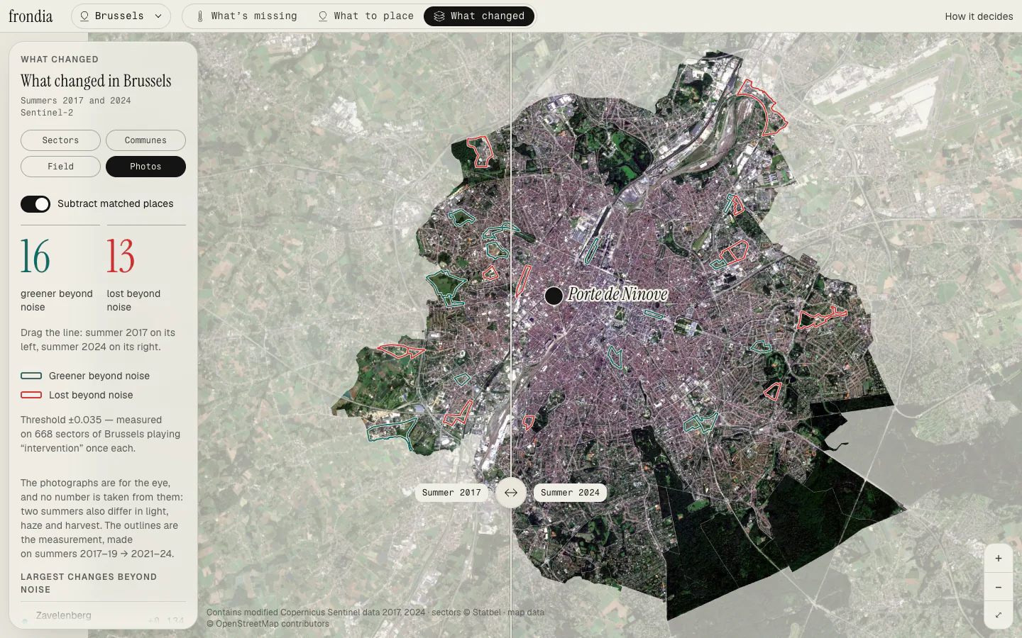 Atlas, weergave Photos: Sentinel-2 van zomer 2017 links van een scheidingslijn en zomer 2024 rechts, veranderde sectoren omlijnd