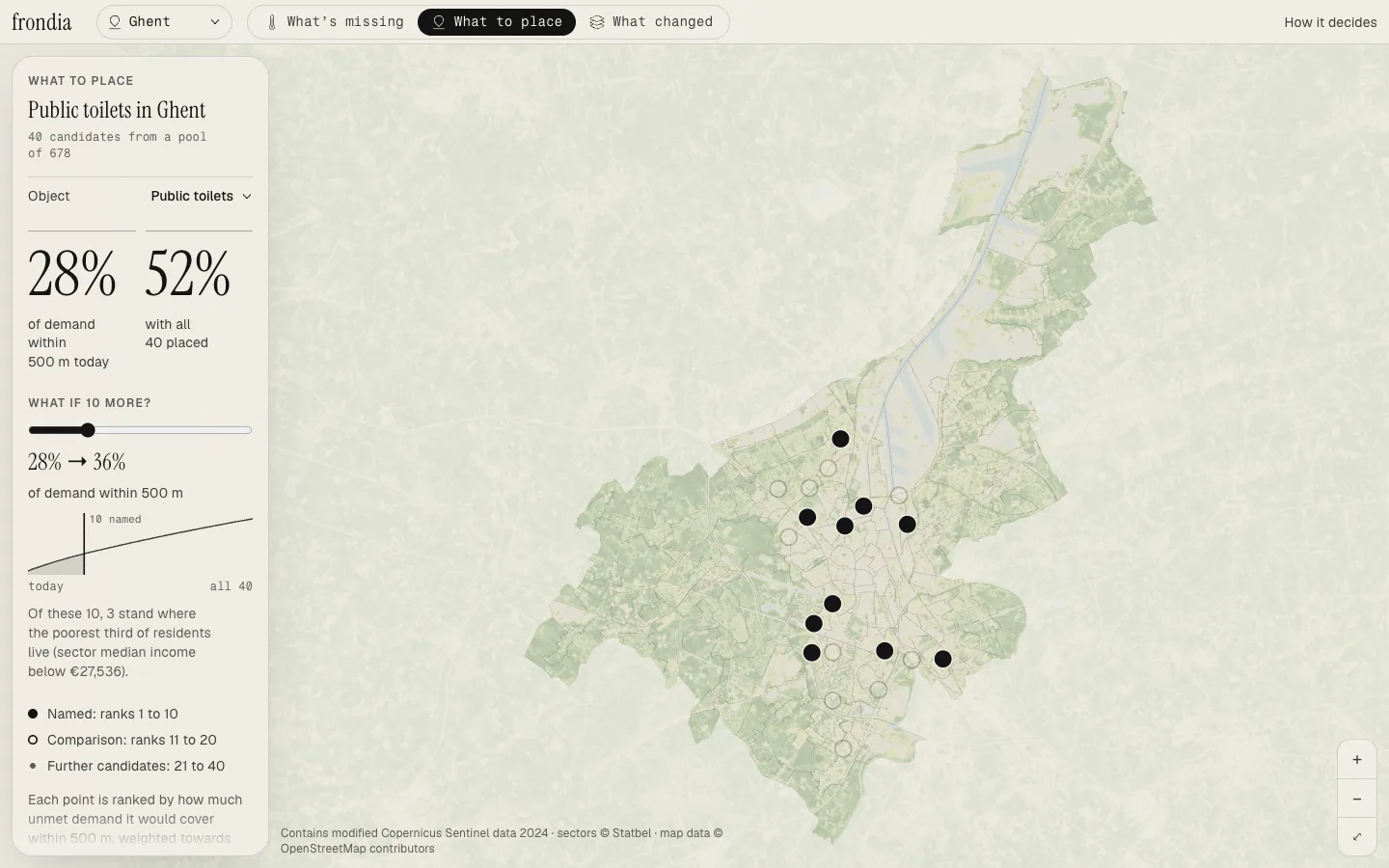 Atlas, What to place, openbare toiletten in Gent: tien gevulde benoemde punten, tien omcirkelde vergelijkingspunten, een schuifregelaar voor wat tien extra zouden dekken