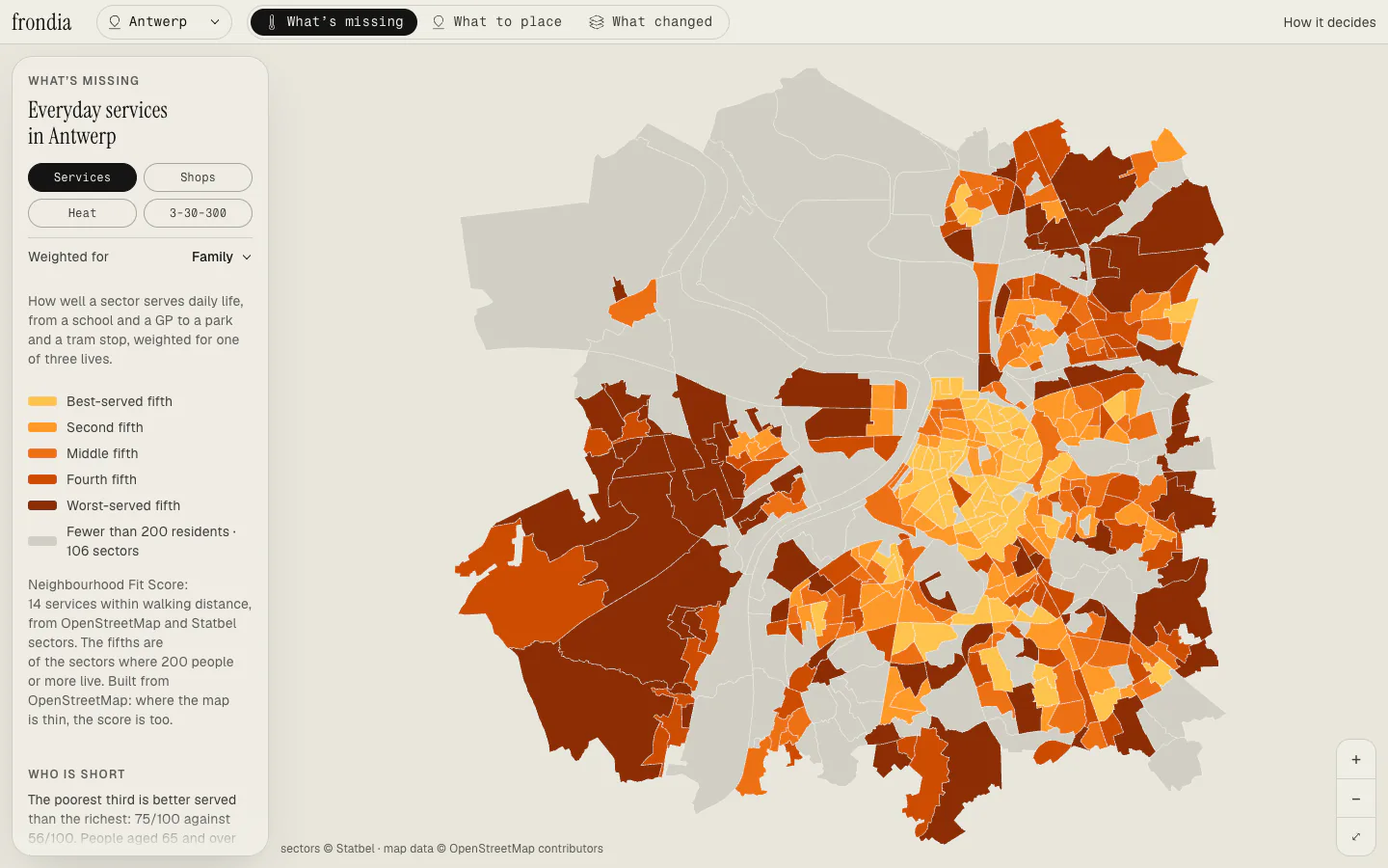 Atlas, What’s missing, dagelijkse voorzieningen in Antwerpen gewogen voor een gezin, het slechtst bediende vijfde het donkerst