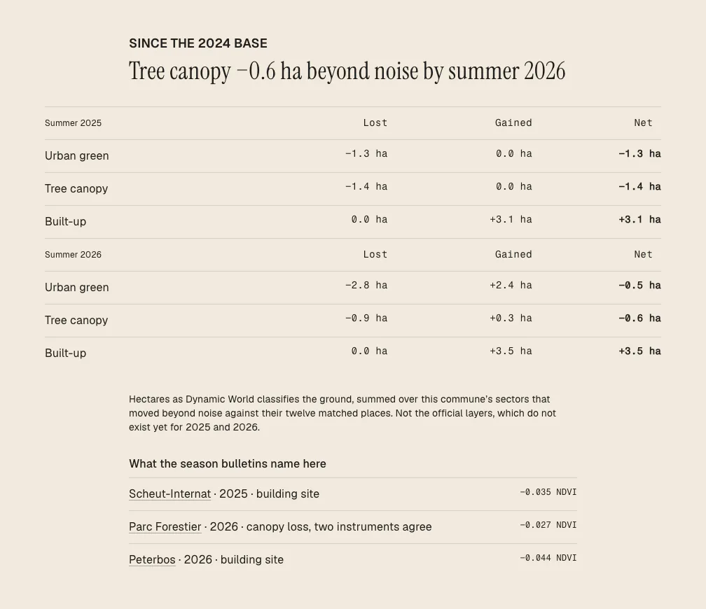 Tabel op de gemeentepagina met hectare verloren, gewonnen en netto buiten de ruis voor de zomers 2025 en 2026