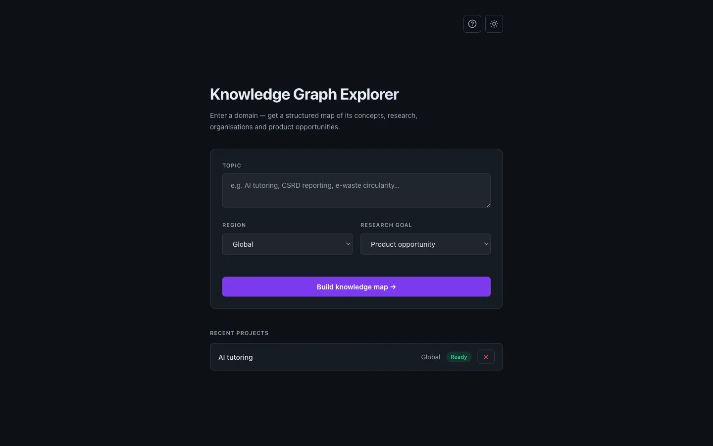 Home screen — topic launcher with region and research-goal selectors, recent projects and status badges