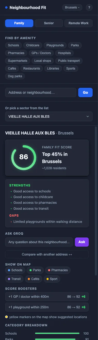 Full score panel — score ring 86, Top 45%, Strengths and Gaps, Ask panel, Show-on-map toggles, Score Boosters and Category Breakdown