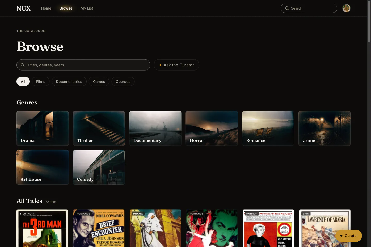 Browse — genre still-life grid, type chips, live search