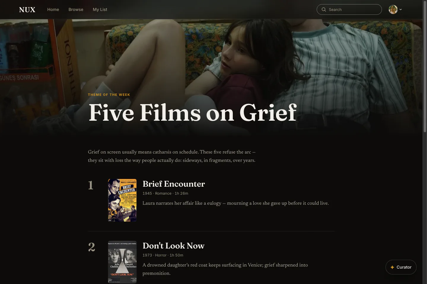 Five Films on Grief — a live editorial collection: numbered entries, one line of curatorial voice each