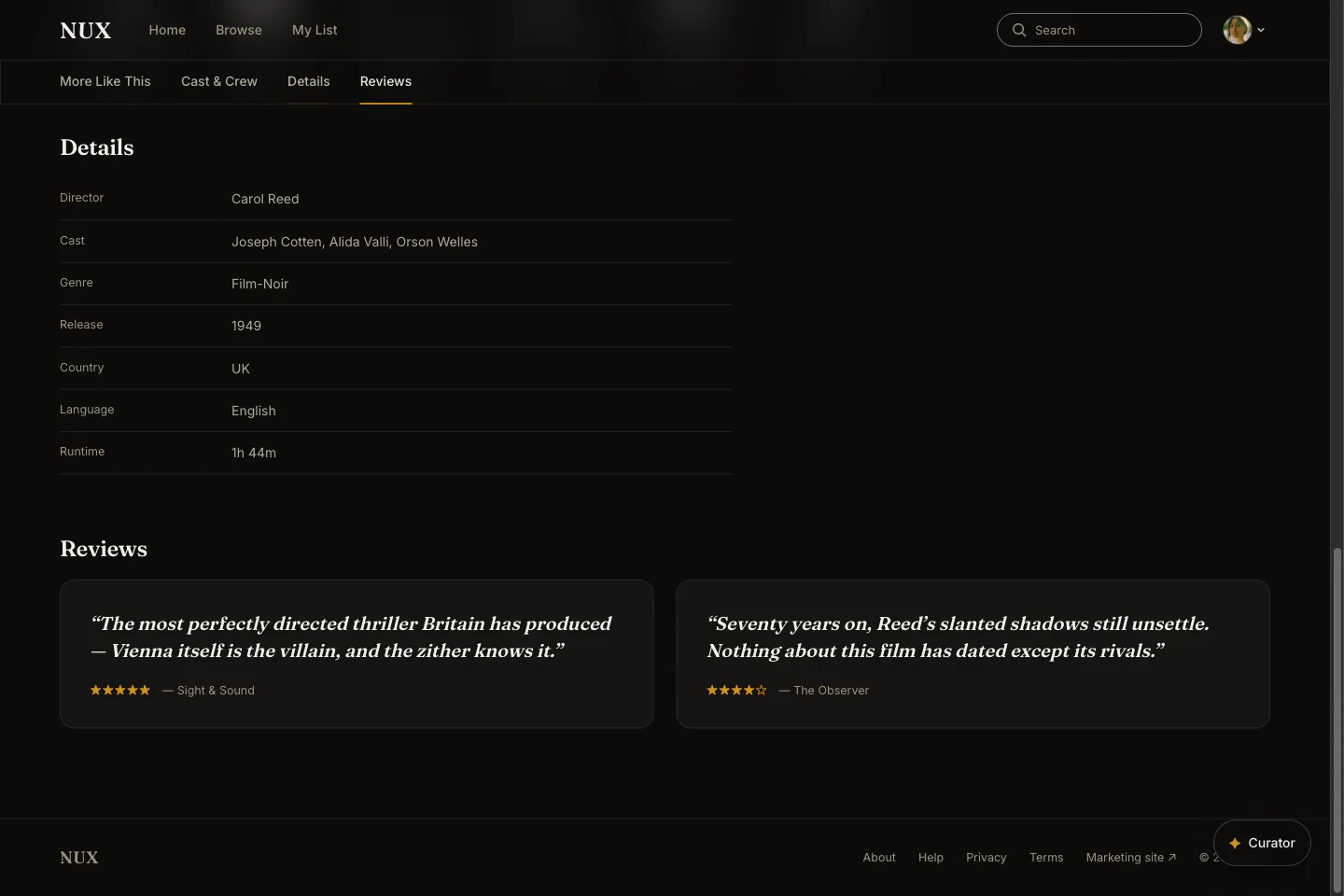 Film page: anchored sections with critic pull-quotes in italic Fraunces and amber stars