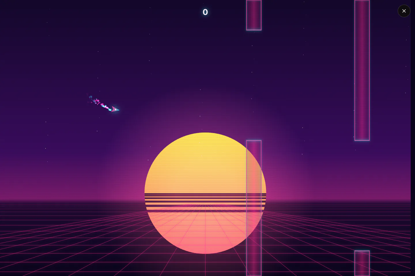 Neon Drift mid-run: threading the starfighter between neon gates
