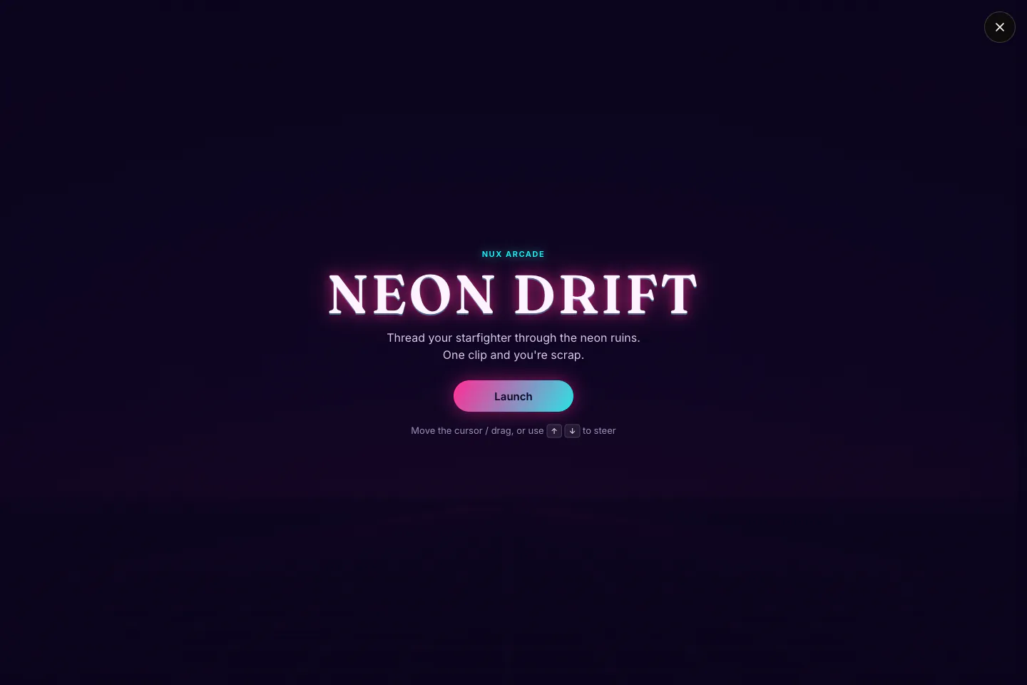 Neon Drift — a playable canvas game that opens from its title page, with its own synthwave identity