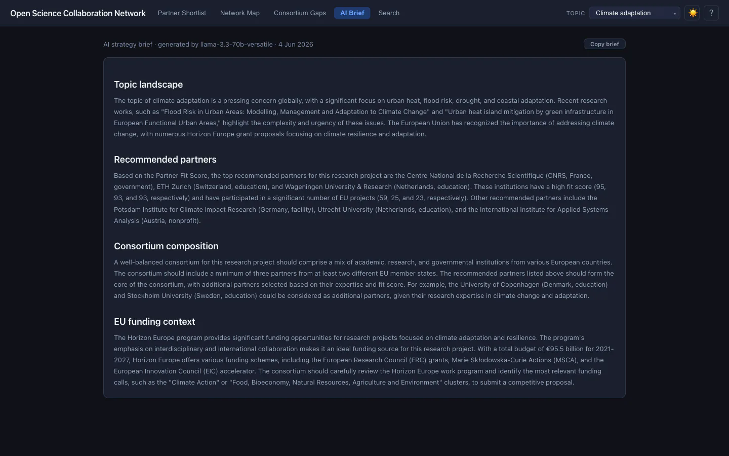 AI Strategy Brief for Climate adaptation — Groq-generated brief with Topic landscape, Recommended partners, Consortium composition and EU funding context sections