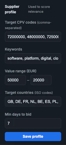 Supplier profile configuration — keywords, CPV codes, countries, and value range