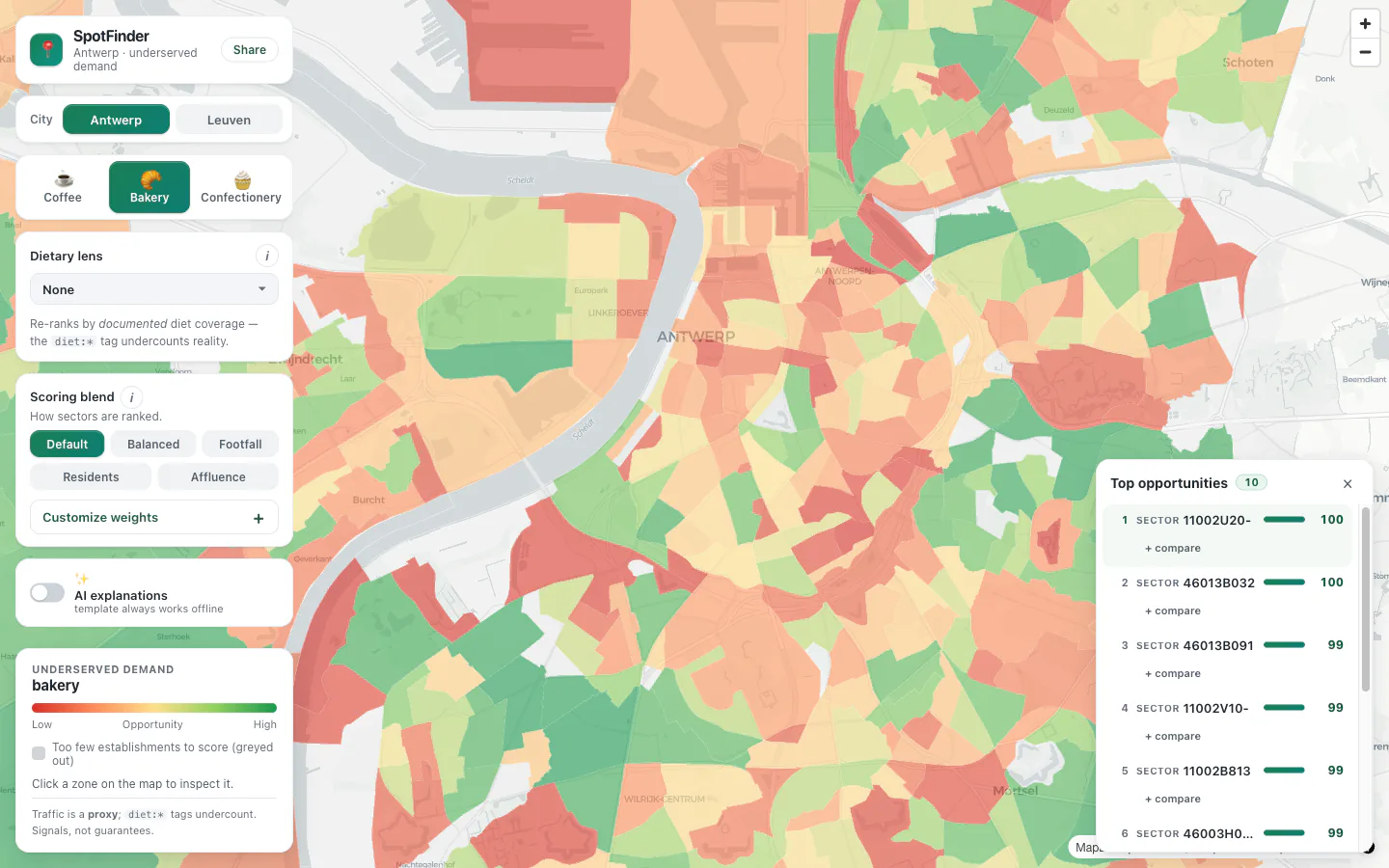 SpotFinder — bakery opportunity layer on the same Antwerp map
