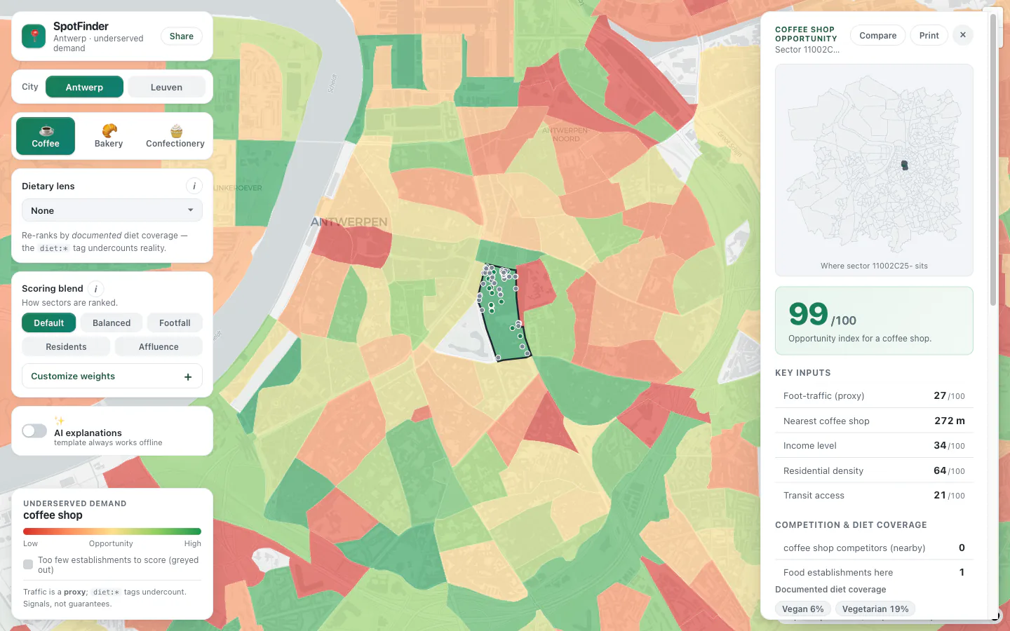 Sector detail panel — opportunity %, key inputs in type-adaptive order, nearest-competitor distance, locator mini-map