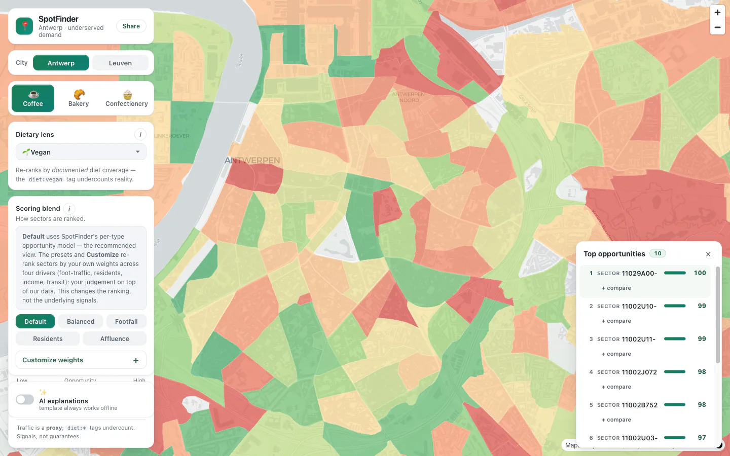 Vegan dietary lens applied — showing where vegan documentation looks under-served in OSM data