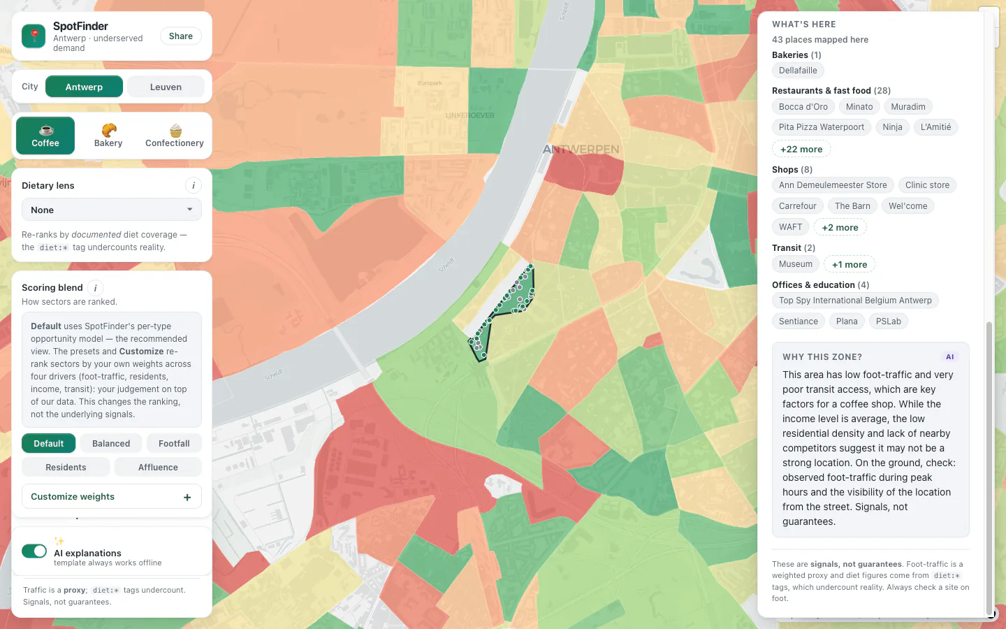 AI zone-explainer in the detail panel with AI / template source label