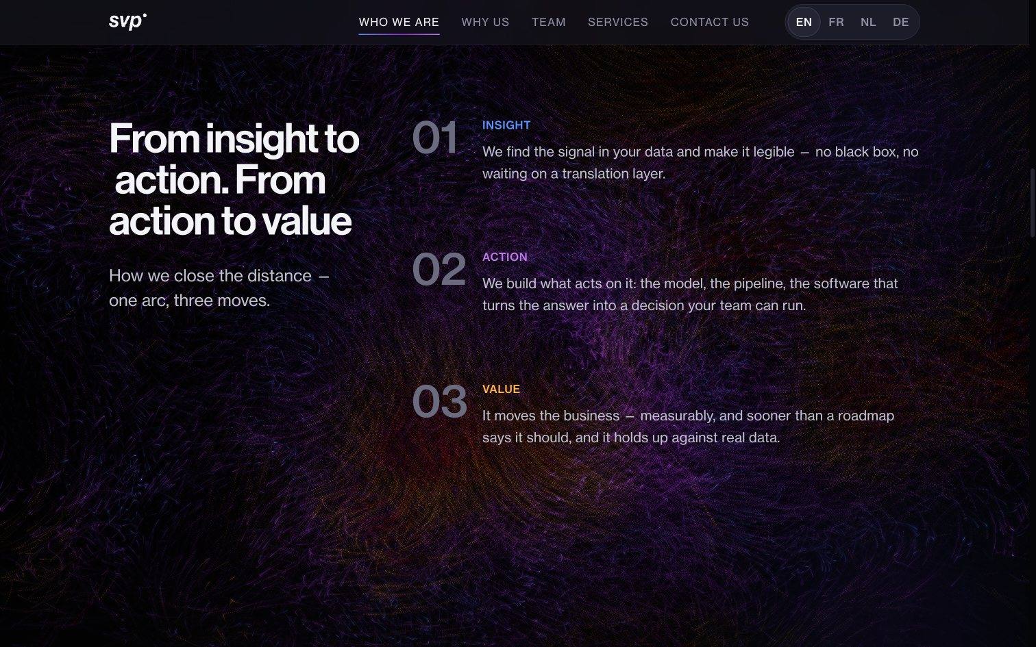 SVP Consulting flagship — the Approach section (Insight, Action, Value) over the Slipstream particle field