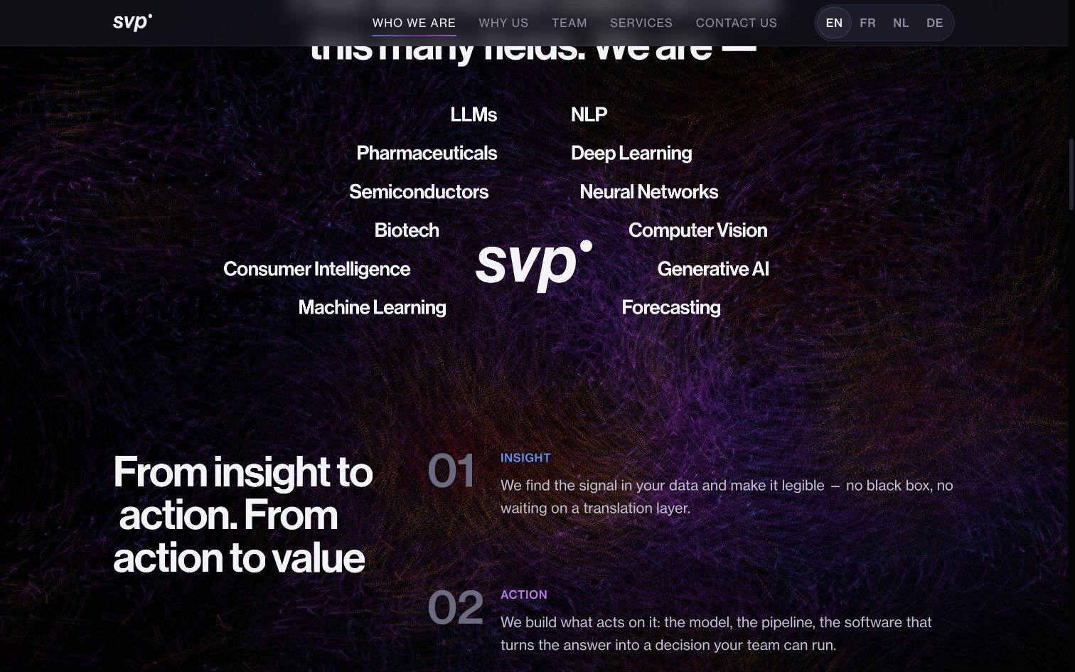 The kinetic svp. mark riding the expertise cluster — LLMs, NLP, Pharmaceuticals — through the live WebGL particle field