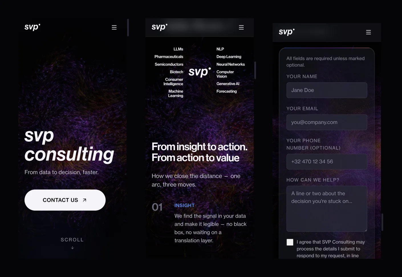 The flagship on mobile at 390px — responsive hero, static-layout expertise cluster, and the GDPR-compliant contact form