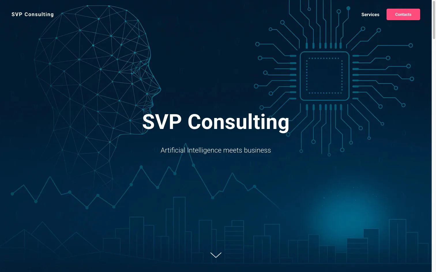 The pilot site svp-consulting.ai — the fast, SEO-first Tilda build, 'Artificial Intelligence meets business'