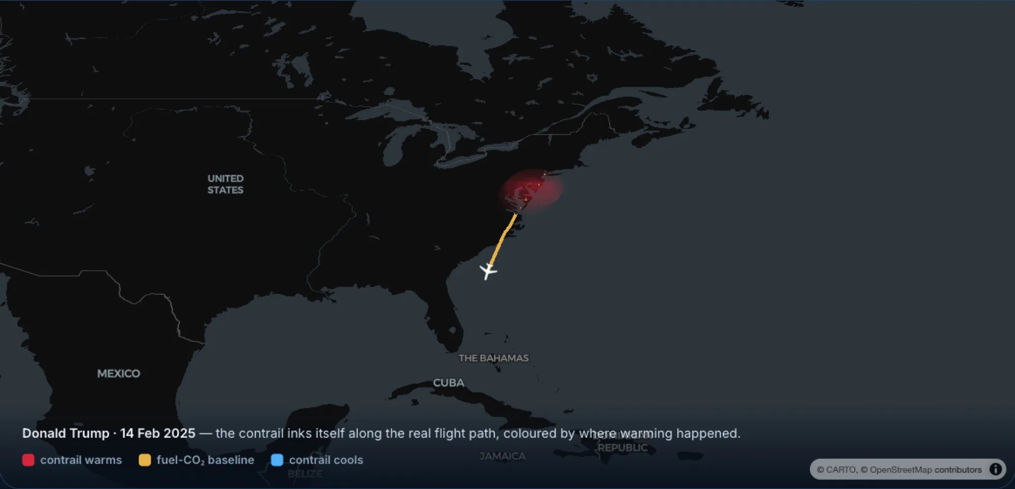 The map — the contrail inked along the real flight track; amber fuel-CO₂ baseline and a soft red glow over the band where the warming actually formed