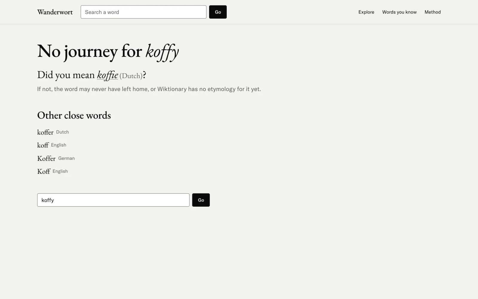 Een zoekopdracht met de tikfout koffy: “No journey for koffy. Did you mean koffie (Dutch)?” en een lijst andere nabije woorden